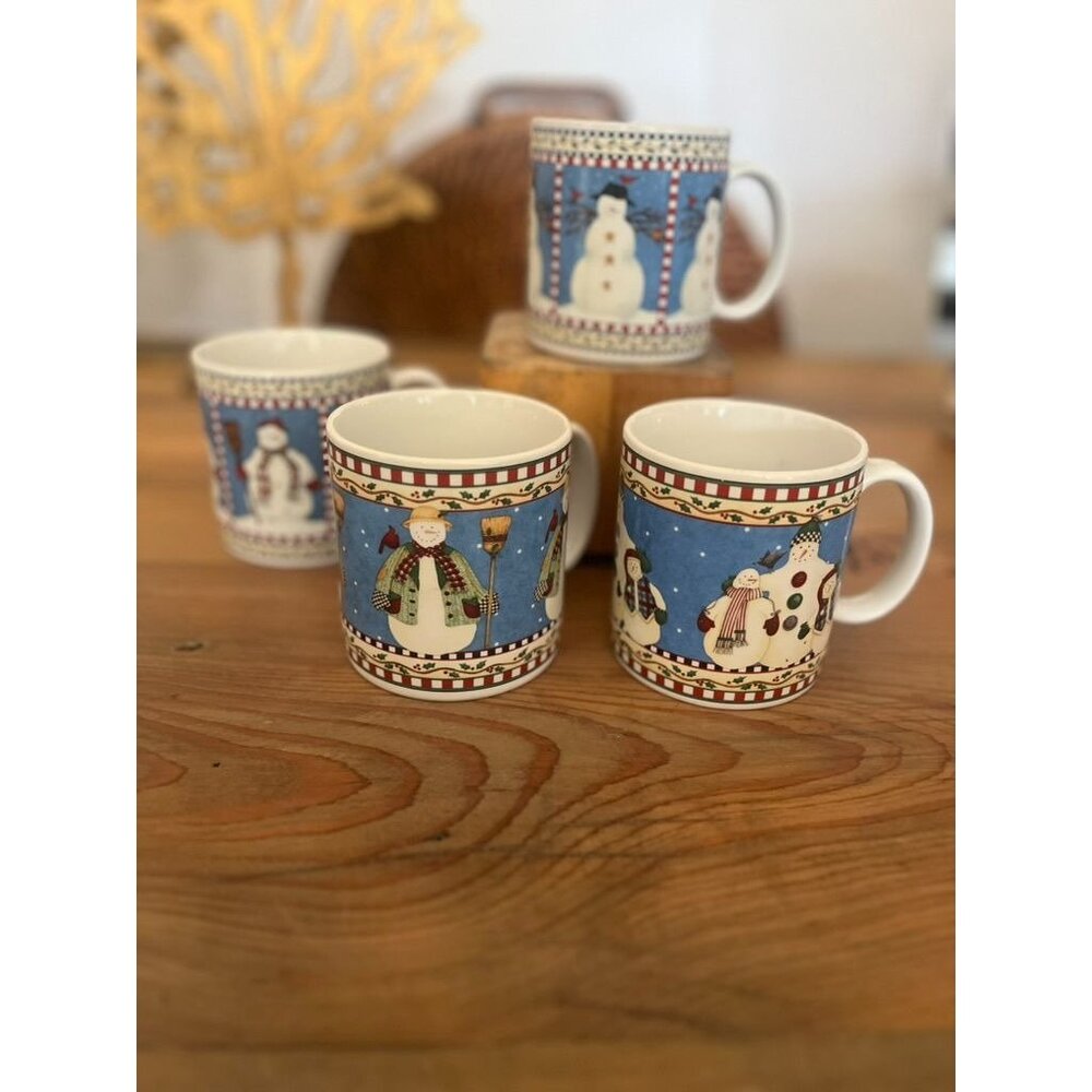 Sakura Snowmen Holiday Mugs by Debbie Mumm Set of 4 Vintage Christmas